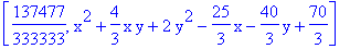 [137477/333333, x^2+4/3*x*y+2*y^2-25/3*x-40/3*y+70/3]